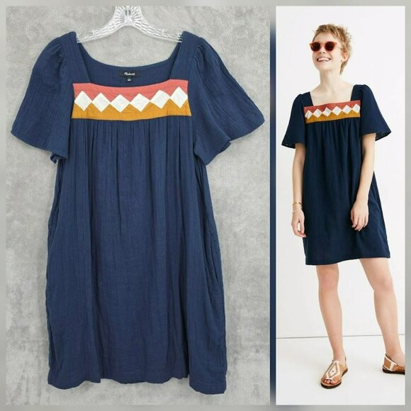 Madewell Patchwork Shift Mini Dress S Blue Boho Chic Crinkle Pocket Swing Cotton